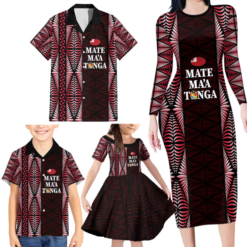 Tonga Rugby Personalised Family Matching Long Sleeve Bodycon Dress and Hawaiian Shirt 2025 Mate Maa Tonga Ngatu Motif LT14 - Polynesian Pride