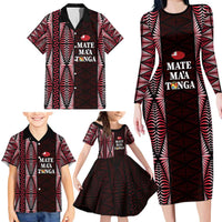 Tonga Rugby Personalised Family Matching Long Sleeve Bodycon Dress and Hawaiian Shirt 2025 Mate Maa Tonga Ngatu Motif LT14 - Polynesian Pride