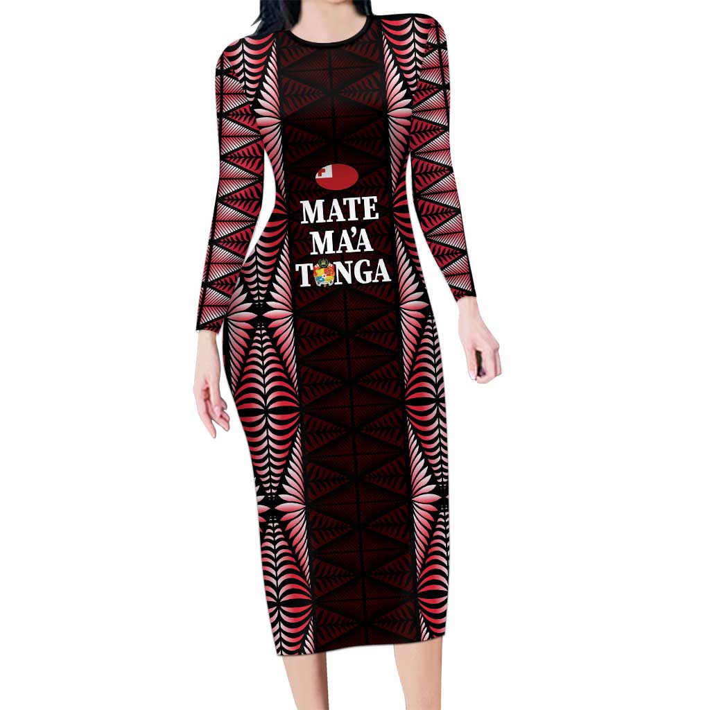 Tonga Rugby Personalised Family Matching Long Sleeve Bodycon Dress and Hawaiian Shirt 2025 Mate Maa Tonga Ngatu Motif LT14 Mom's Dress Red - Polynesian Pride