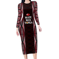 Tonga Rugby Personalised Family Matching Long Sleeve Bodycon Dress and Hawaiian Shirt 2025 Mate Maa Tonga Ngatu Motif LT14 Mom's Dress Red - Polynesian Pride