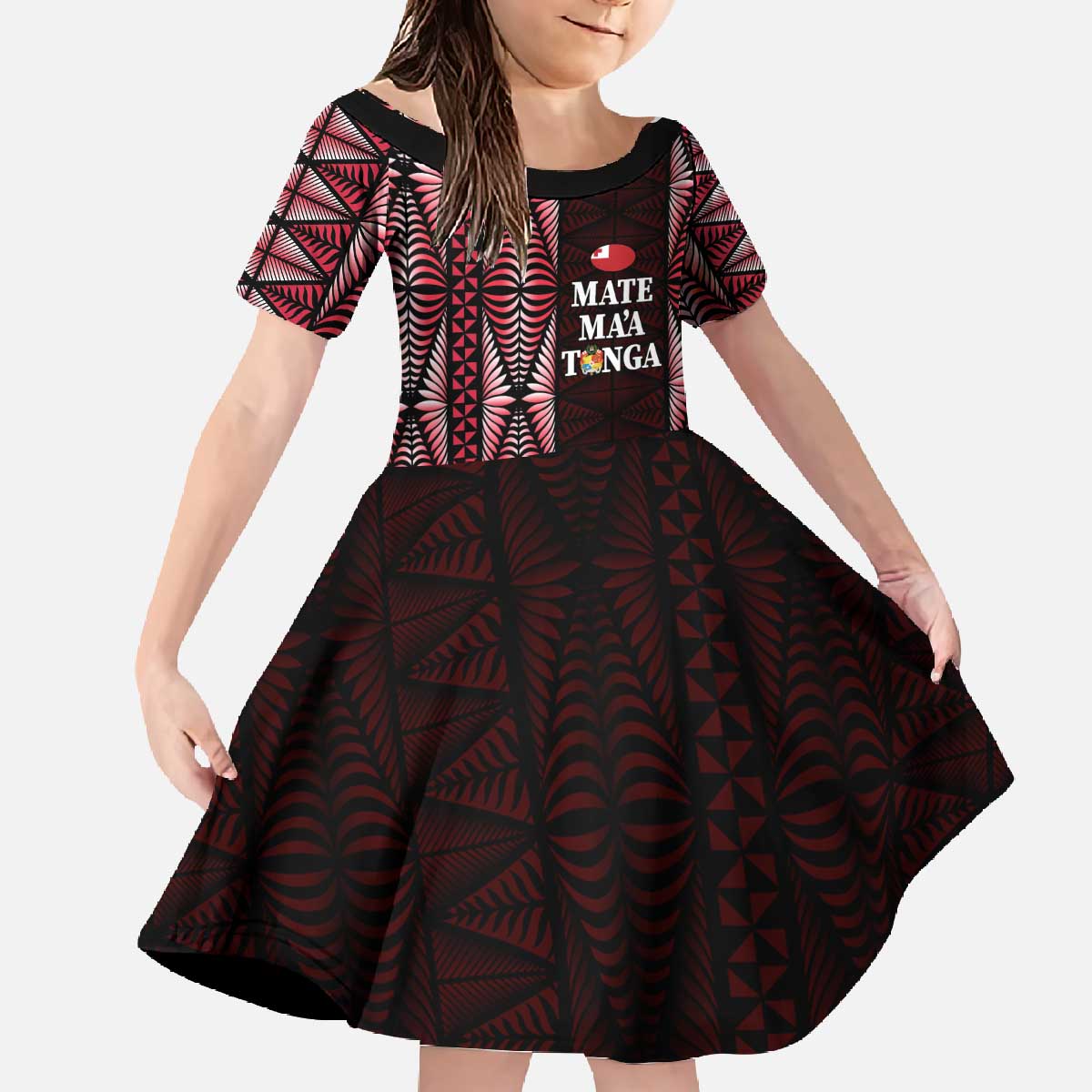 Tonga Rugby Personalised Family Matching Off The Shoulder Long Sleeve Dress and Hawaiian Shirt 2025 Mate Maa Tonga Ngatu Motif LT14 Daughter's Dress Red - Polynesian Pride