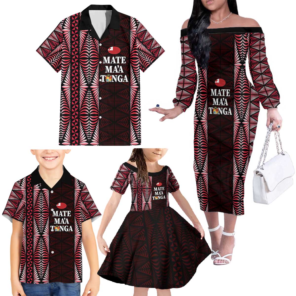 Tonga Rugby Personalised Family Matching Off The Shoulder Long Sleeve Dress and Hawaiian Shirt 2025 Mate Maa Tonga Ngatu Motif LT14 - Polynesian Pride