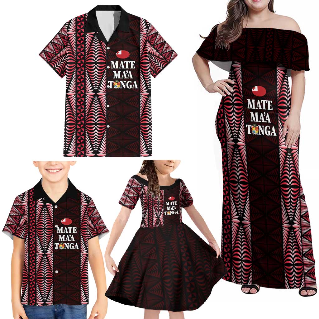Tonga Rugby Personalised Family Matching Off Shoulder Maxi Dress and Hawaiian Shirt 2025 Mate Maa Tonga Ngatu Motif LT14 - Polynesian Pride