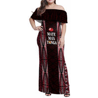 Tonga Rugby Personalised Family Matching Off Shoulder Maxi Dress and Hawaiian Shirt 2025 Mate Maa Tonga Ngatu Motif LT14 Mom's Dress Red - Polynesian Pride