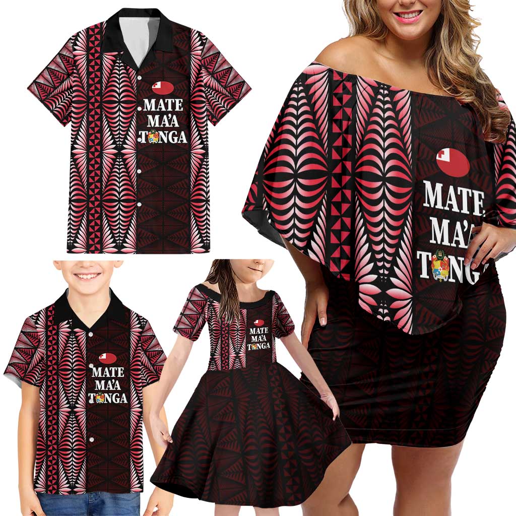 Tonga Rugby Personalised Family Matching Off Shoulder Short Dress and Hawaiian Shirt 2025 Mate Maa Tonga Ngatu Motif LT14 - Polynesian Pride