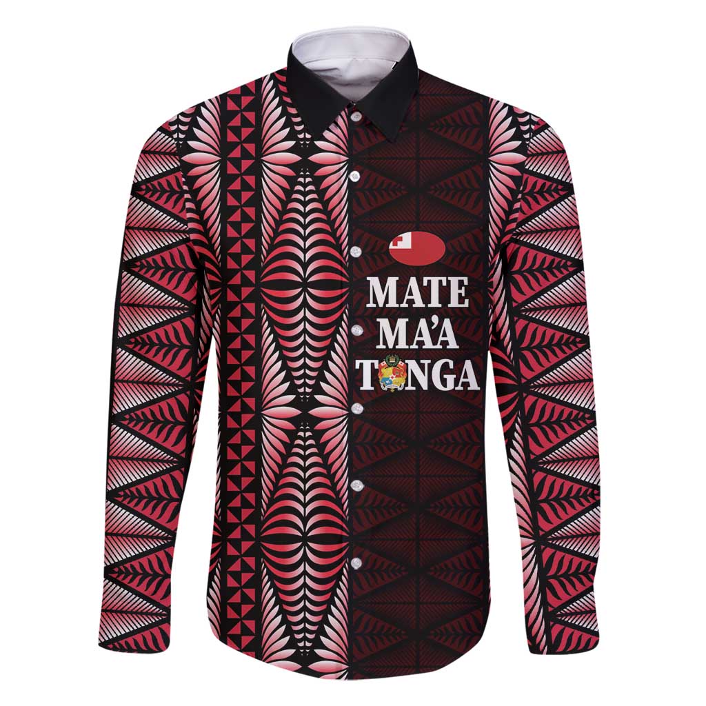 Tonga Rugby Personalised Family Matching Off Shoulder Short Dress and Hawaiian Shirt 2025 Mate Maa Tonga Ngatu Motif LT14 Dad's Shirt - Long Sleeve Red - Polynesian Pride