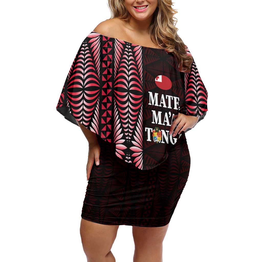 Tonga Rugby Personalised Family Matching Off Shoulder Short Dress and Hawaiian Shirt 2025 Mate Maa Tonga Ngatu Motif LT14 Mom's Dress Red - Polynesian Pride