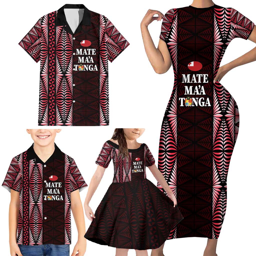 Tonga Rugby Personalised Family Matching Short Sleeve Bodycon Dress and Hawaiian Shirt 2025 Mate Maa Tonga Ngatu Motif LT14 - Polynesian Pride