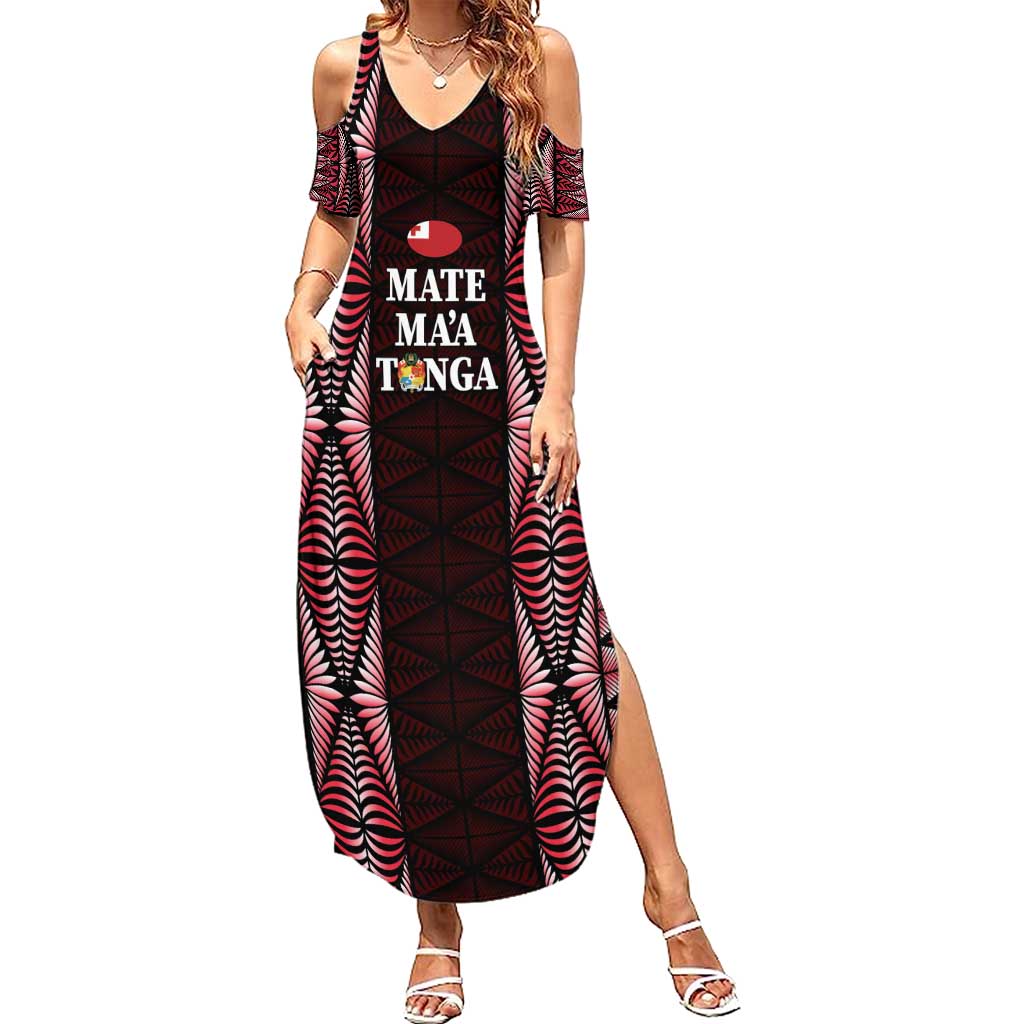 Tonga Rugby Personalised Family Matching Summer Maxi Dress and Hawaiian Shirt 2025 Mate Maa Tonga Ngatu Motif LT14 Mom's Dress Red - Polynesian Pride