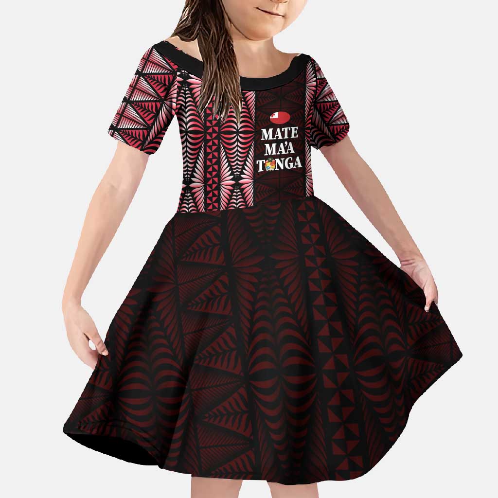 Tonga Rugby Personalised Family Matching Tank Maxi Dress and Hawaiian Shirt 2025 Mate Maa Tonga Ngatu Motif LT14 Daughter's Dress Red - Polynesian Pride