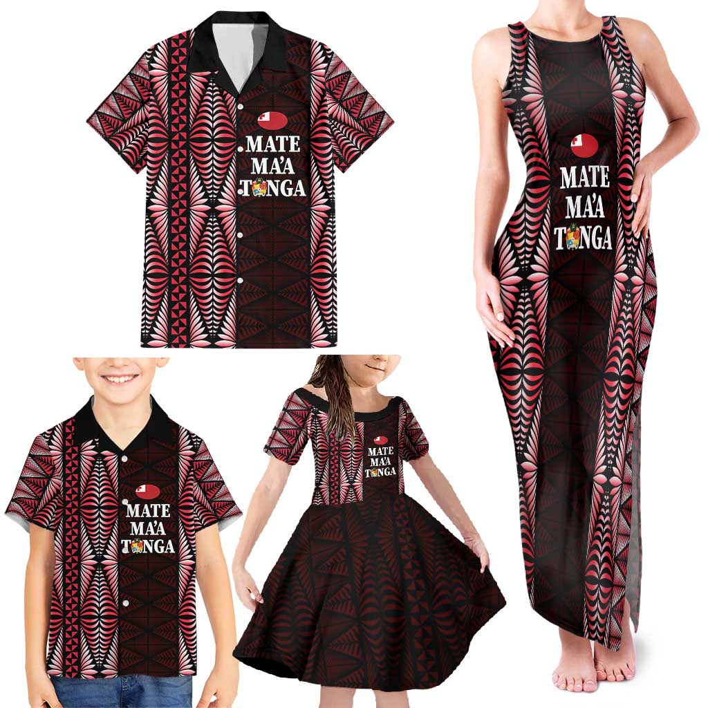 Tonga Rugby Personalised Family Matching Tank Maxi Dress and Hawaiian Shirt 2025 Mate Maa Tonga Ngatu Motif LT14 - Polynesian Pride