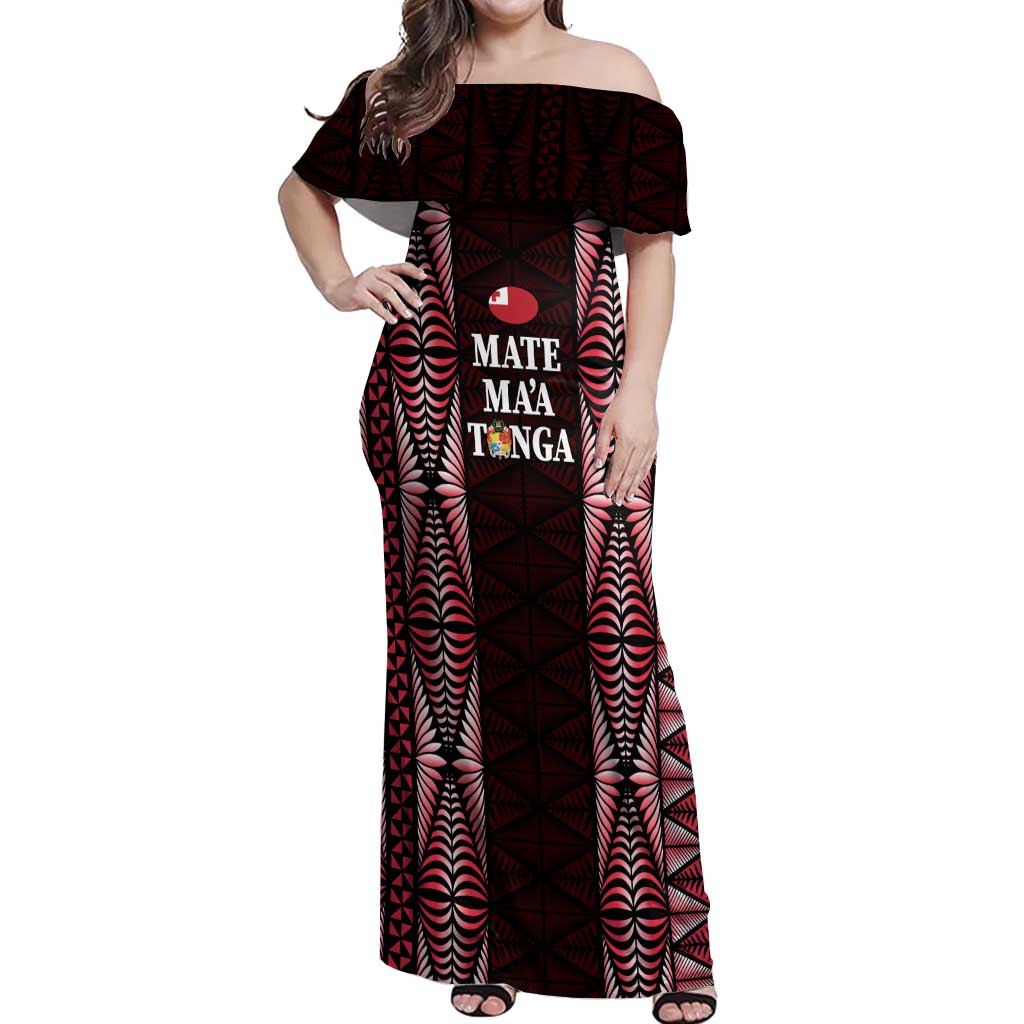 Tonga Rugby Personalised Off Shoulder Maxi Dress 2025 Mate Maa Tonga Ngatu Motif LT14 Women Red - Polynesian Pride