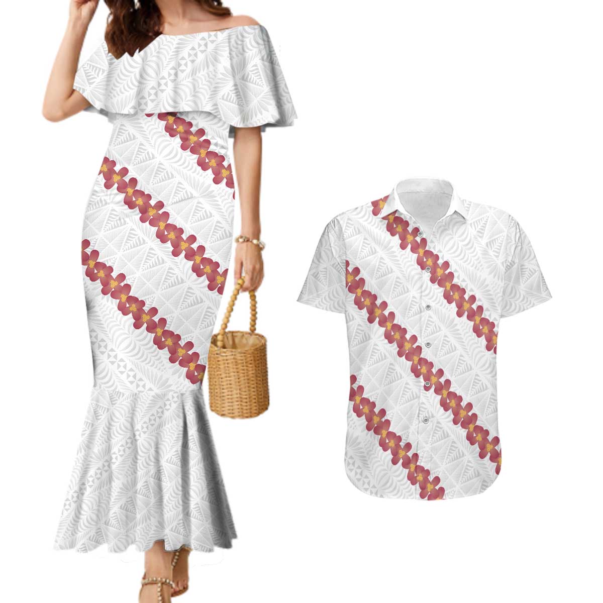 White Sunday Tonga Fakame Couples Matching Mermaid Dress and Hawaiian Shirt Tongan Ngatu Heilala Lei LT14 White - Polynesian Pride