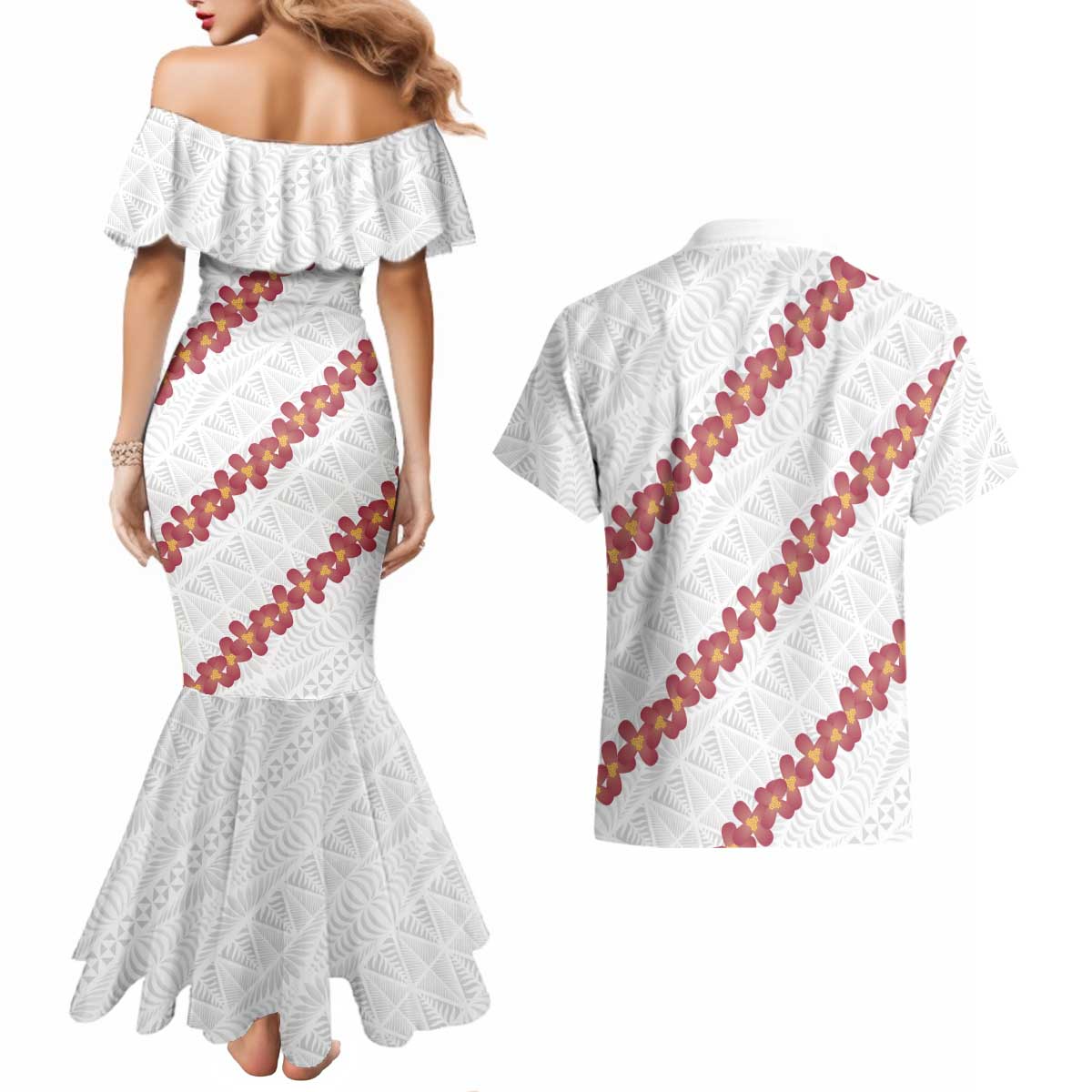 White Sunday Tonga Fakame Couples Matching Mermaid Dress and Hawaiian Shirt Tongan Ngatu Heilala Lei LT14 - Polynesian Pride