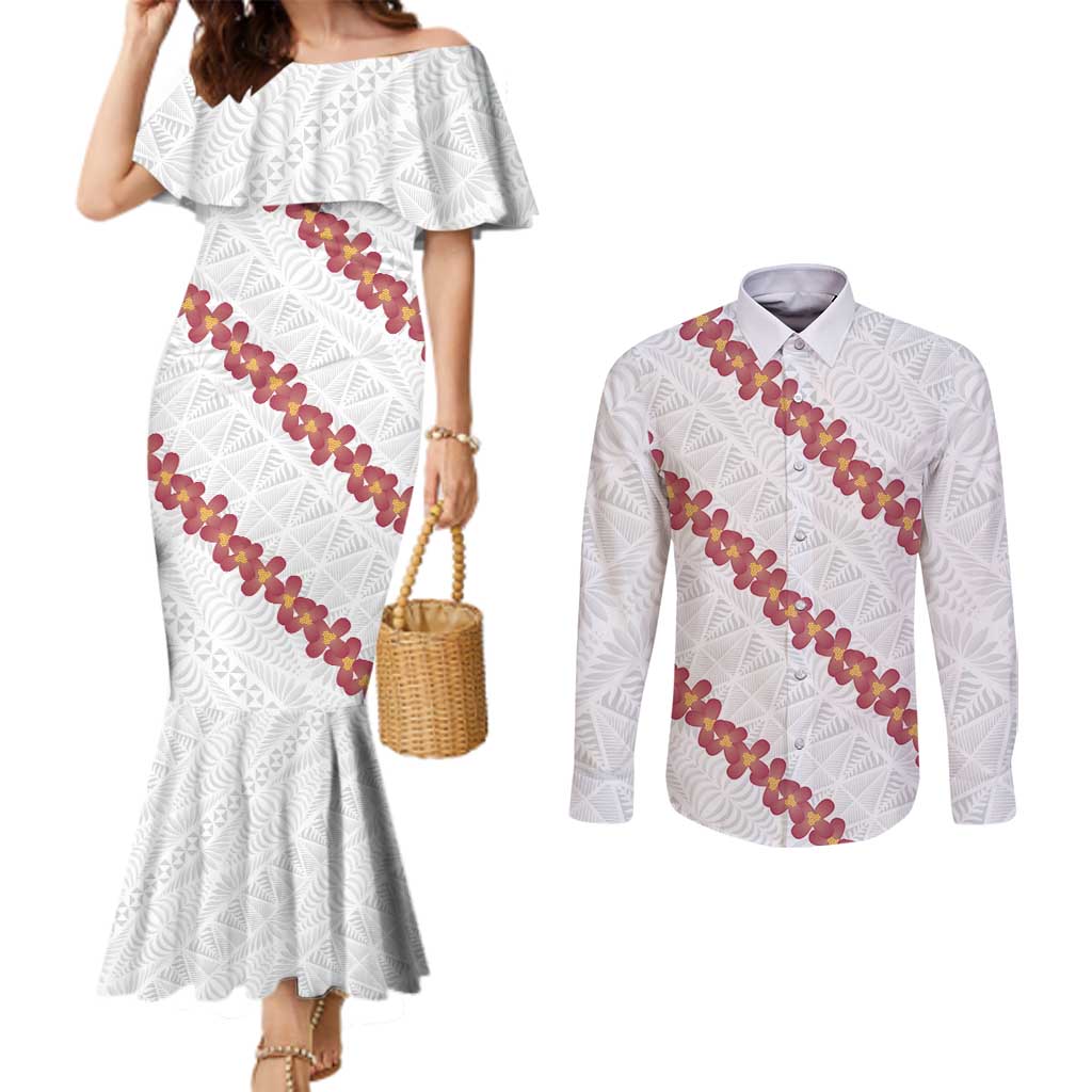 White Sunday Tonga Fakame Couples Matching Mermaid Dress and Long Sleeve Button Shirt Tongan Ngatu Heilala Lei - Polynesian Pride