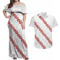 White Sunday Tonga Fakame Couples Matching Off Shoulder Maxi Dress and Hawaiian Shirt Tongan Ngatu Heilala Lei LT14 White - Polynesian Pride
