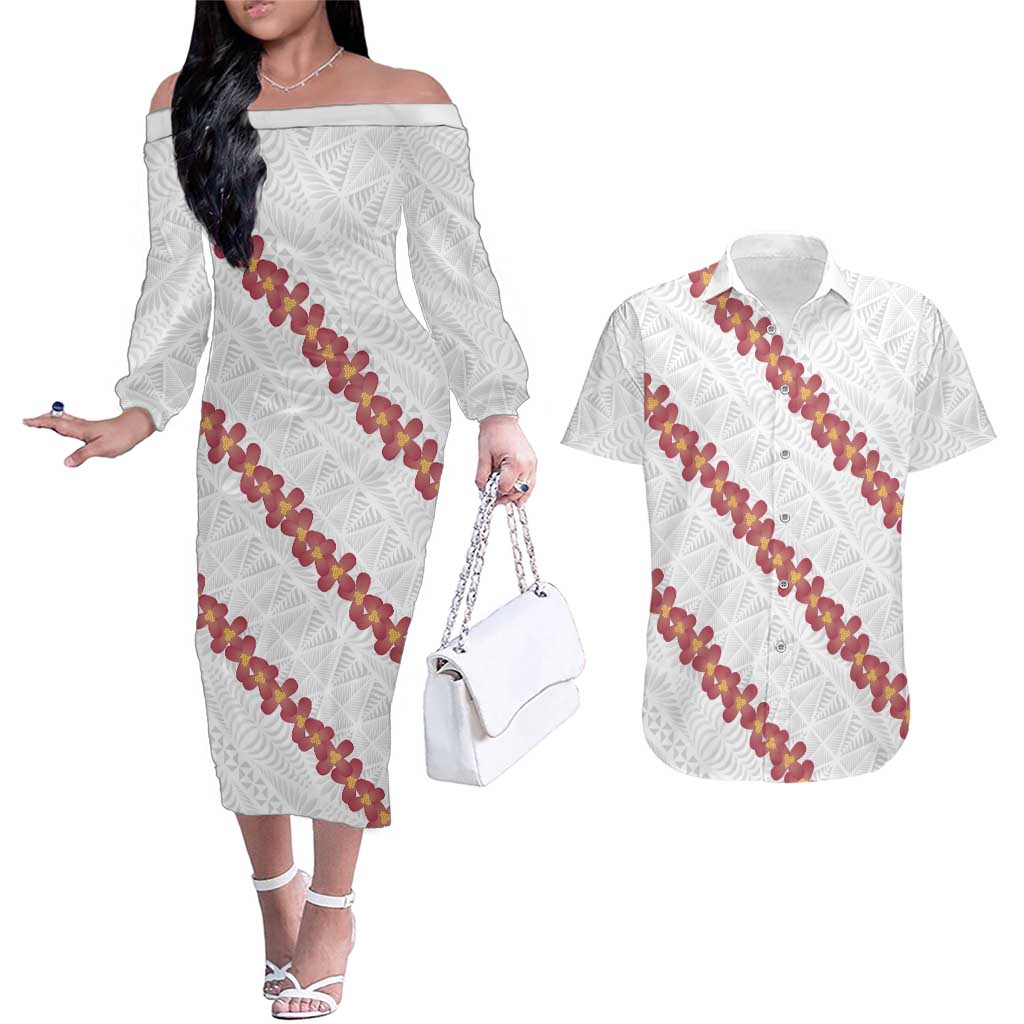 White Sunday Tonga Fakame Couples Matching Off The Shoulder Long Sleeve Dress and Hawaiian Shirt Tongan Ngatu Heilala Lei LT14 White - Polynesian Pride