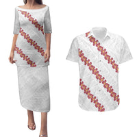 White Sunday Tonga Fakame Couples Matching Puletasi and Hawaiian Shirt Tongan Ngatu Heilala Lei LT14 White - Polynesian Pride