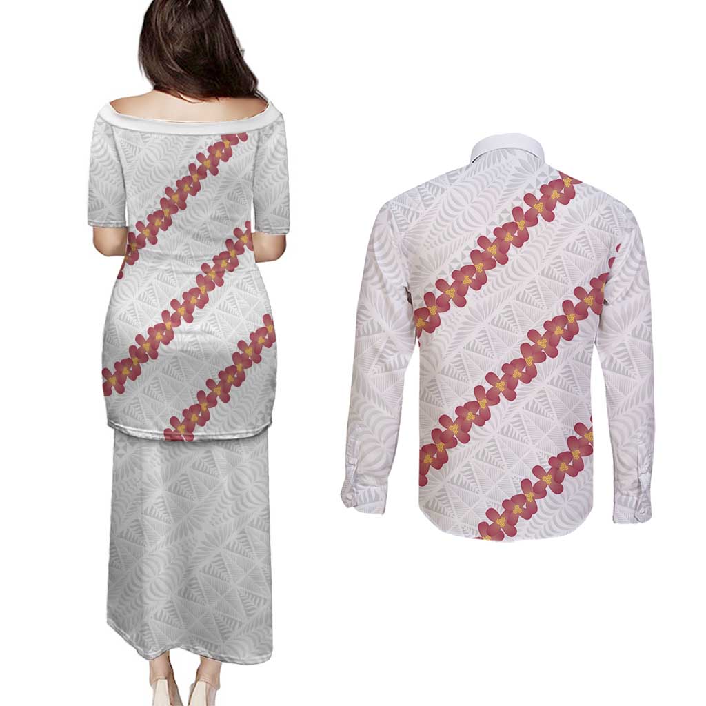 White Sunday Tonga Fakame Couples Matching Puletasi and Long Sleeve Button Shirt Tongan Ngatu Heilala Lei - Polynesian Pride