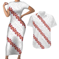 White Sunday Tonga Fakame Couples Matching Short Sleeve Bodycon Dress and Hawaiian Shirt Tongan Ngatu Heilala Lei LT14 White - Polynesian Pride