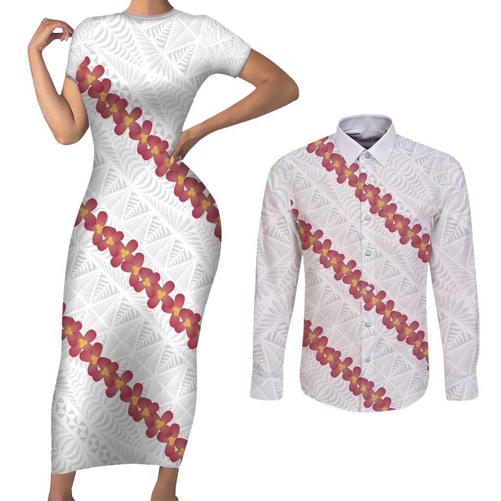 White Sunday Tonga Fakame Couples Matching Short Sleeve Bodycon Dress and Long Sleeve Button Shirt Tongan Ngatu Heilala Lei - Polynesian Pride