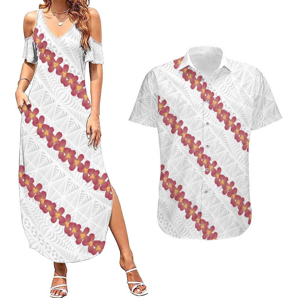 White Sunday Tonga Fakame Couples Matching Summer Maxi Dress and Hawaiian Shirt Tongan Ngatu Heilala Lei LT14 White - Polynesian Pride