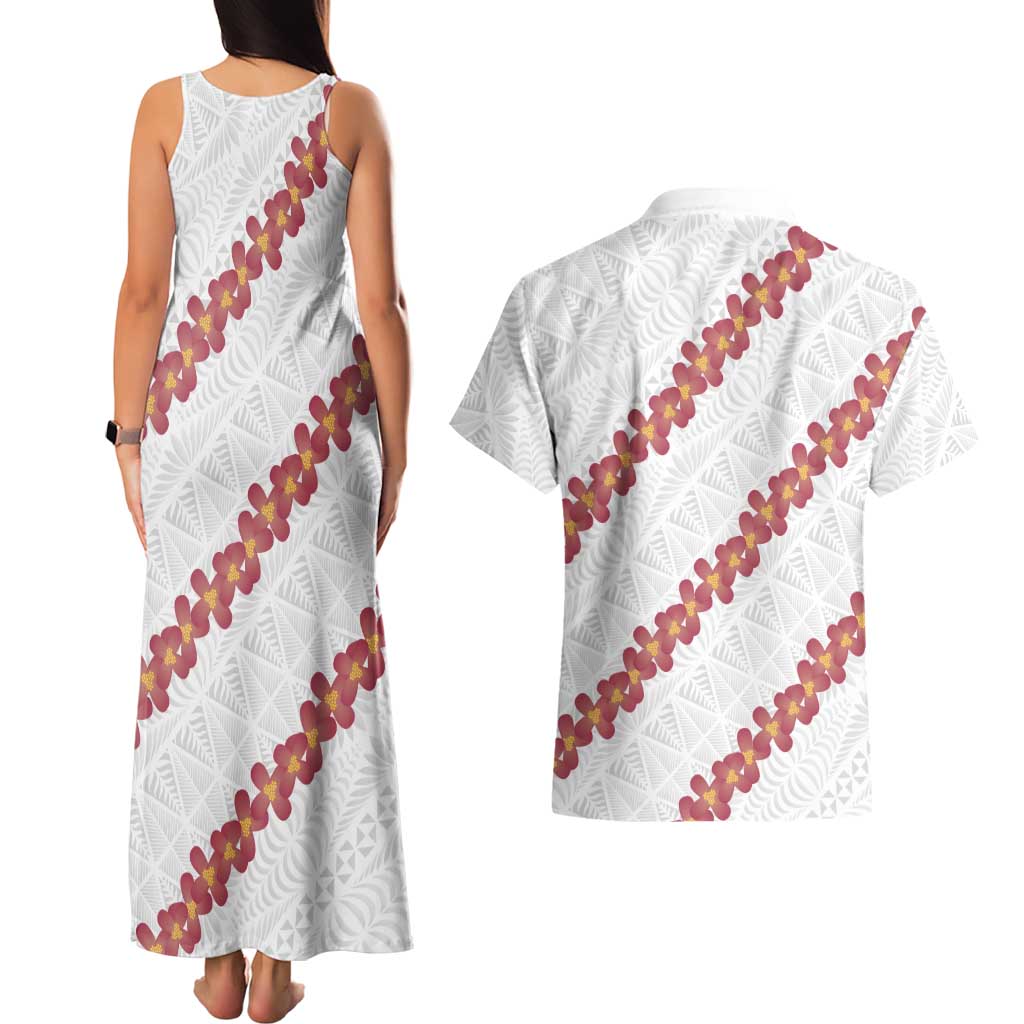 White Sunday Tonga Fakame Couples Matching Tank Maxi Dress and Hawaiian Shirt Tongan Ngatu Heilala Lei LT14 - Polynesian Pride