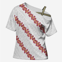 White Sunday Tonga Fakame Cross Shoulder Shirt Tongan Ngatu Heilala Lei LT14 Female White - Polynesian Pride