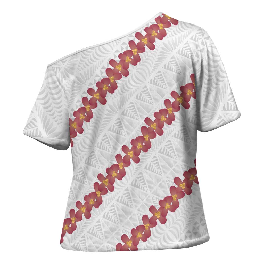White Sunday Tonga Fakame Cross Shoulder Shirt Tongan Ngatu Heilala Lei LT14 - Polynesian Pride