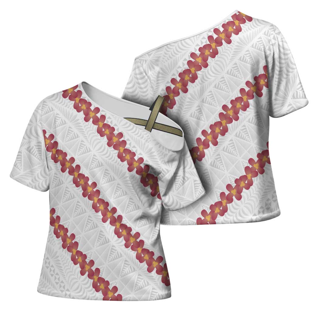 White Sunday Tonga Fakame Cross Shoulder Shirt Tongan Ngatu Heilala Lei LT14 - Polynesian Pride