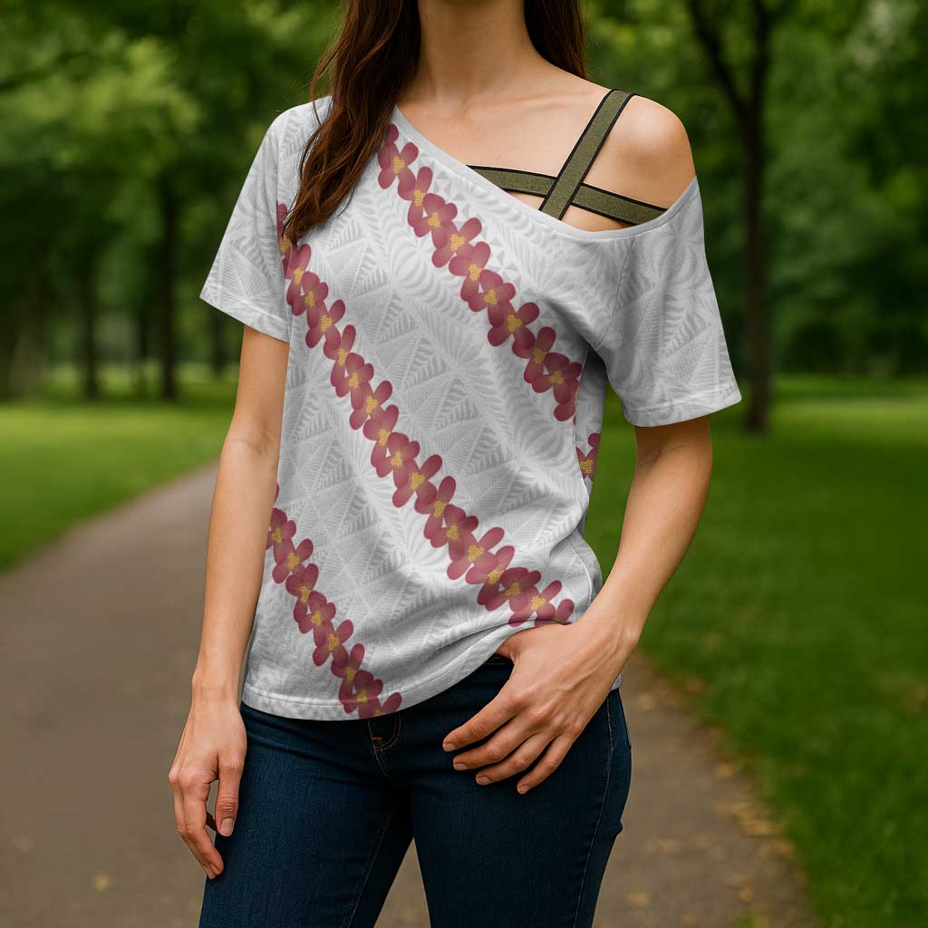 White Sunday Tonga Fakame Cross Shoulder Shirt Tongan Ngatu Heilala Lei LT14 - Polynesian Pride