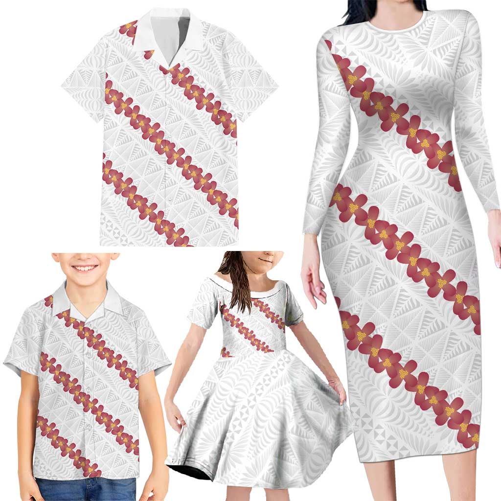 White Sunday Tonga Fakame Family Matching Long Sleeve Bodycon Dress and Hawaiian Shirt Tongan Ngatu Heilala Lei LT14 - Polynesian Pride