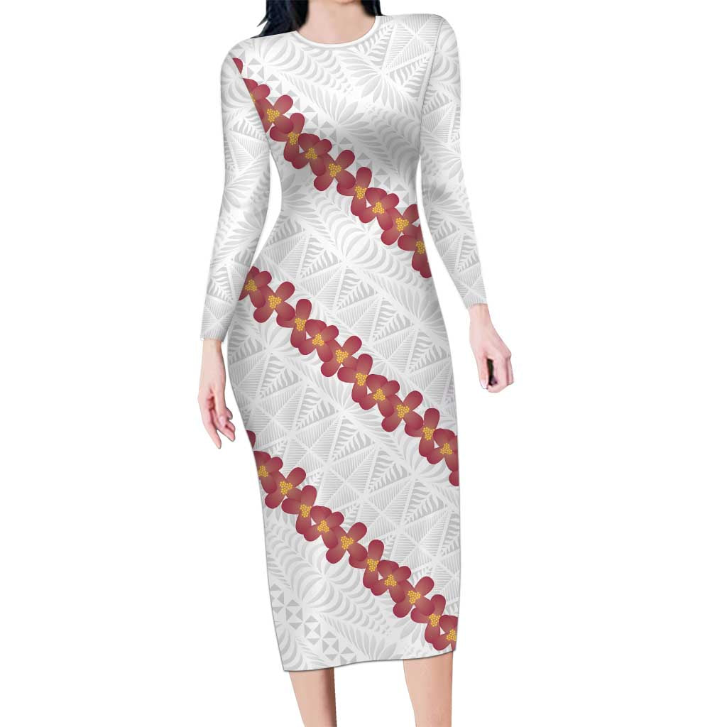 White Sunday Tonga Fakame Family Matching Long Sleeve Bodycon Dress and Hawaiian Shirt Tongan Ngatu Heilala Lei LT14 Mom's Dress White - Polynesian Pride