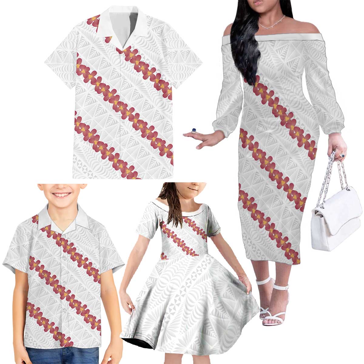 White Sunday Tonga Fakame Family Matching Off The Shoulder Long Sleeve Dress and Hawaiian Shirt Tongan Ngatu Heilala Lei LT14 - Polynesian Pride