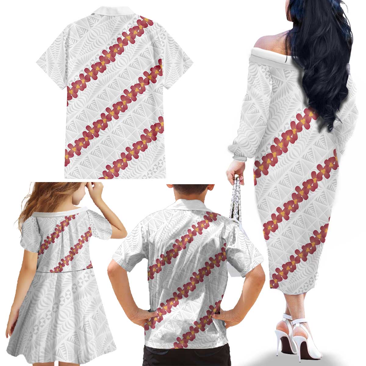 White Sunday Tonga Fakame Family Matching Off The Shoulder Long Sleeve Dress and Hawaiian Shirt Tongan Ngatu Heilala Lei LT14 - Polynesian Pride