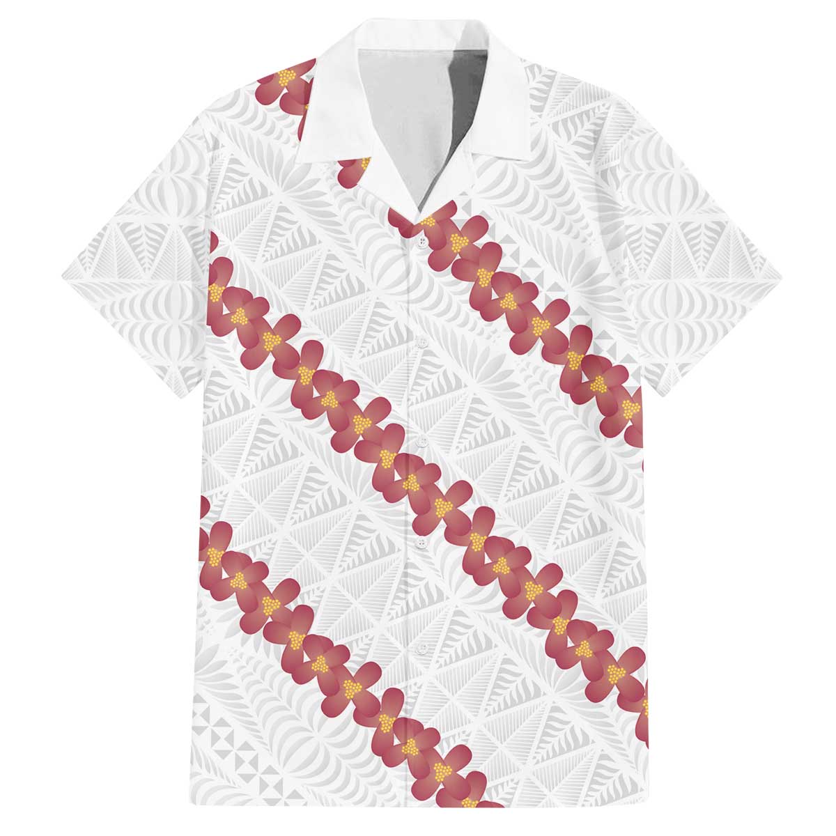 White Sunday Tonga Fakame Family Matching Off The Shoulder Long Sleeve Dress and Hawaiian Shirt Tongan Ngatu Heilala Lei LT14 Dad's Shirt - Short Sleeve White - Polynesian Pride