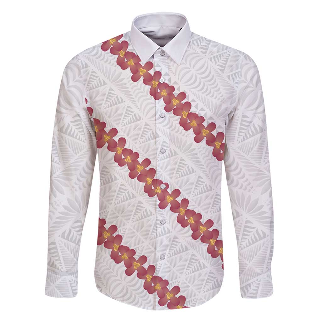 White Sunday Tonga Fakame Family Matching Off Shoulder Maxi Dress and Hawaiian Shirt Tongan Ngatu Heilala Lei LT14 Dad's Shirt - Long Sleeve White - Polynesian Pride