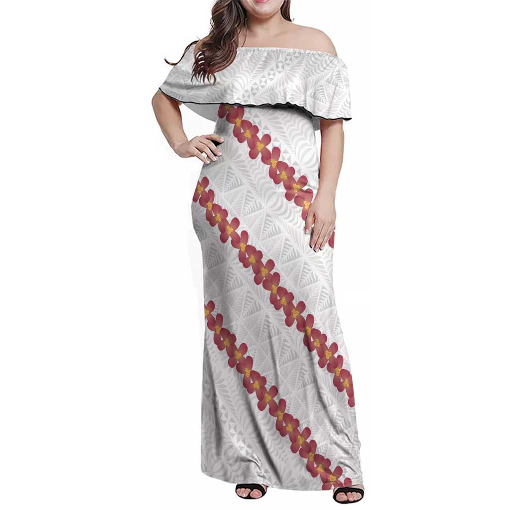 White Sunday Tonga Fakame Family Matching Off Shoulder Maxi Dress and Hawaiian Shirt Tongan Ngatu Heilala Lei LT14 Mom's Dress White - Polynesian Pride