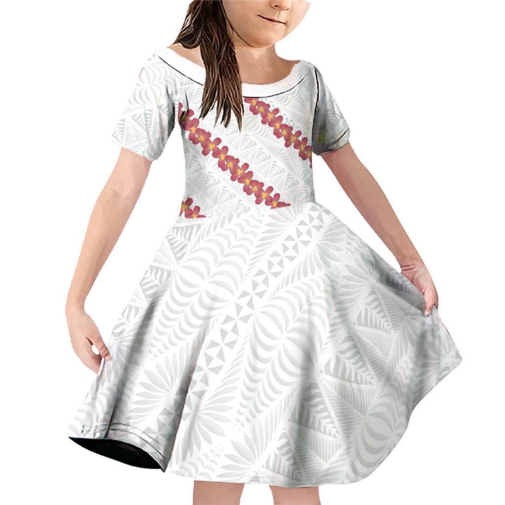 White Sunday Tonga Fakame Family Matching Off Shoulder Short Dress and Hawaiian Shirt Tongan Ngatu Heilala Lei LT14 Daughter's Dress White - Polynesian Pride
