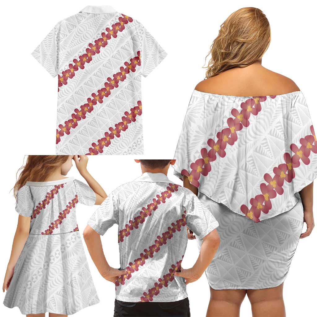 White Sunday Tonga Fakame Family Matching Off Shoulder Short Dress and Hawaiian Shirt Tongan Ngatu Heilala Lei LT14 - Polynesian Pride