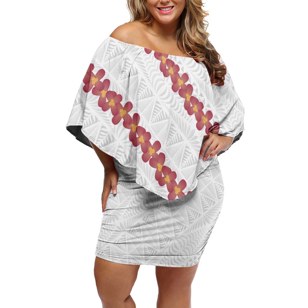 White Sunday Tonga Fakame Family Matching Off Shoulder Short Dress and Hawaiian Shirt Tongan Ngatu Heilala Lei LT14 Mom's Dress White - Polynesian Pride