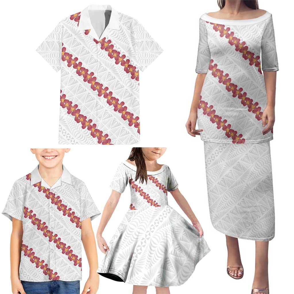 White Sunday Tonga Fakame Family Matching Puletasi and Hawaiian Shirt Tongan Ngatu Heilala Lei LT14 - Polynesian Pride