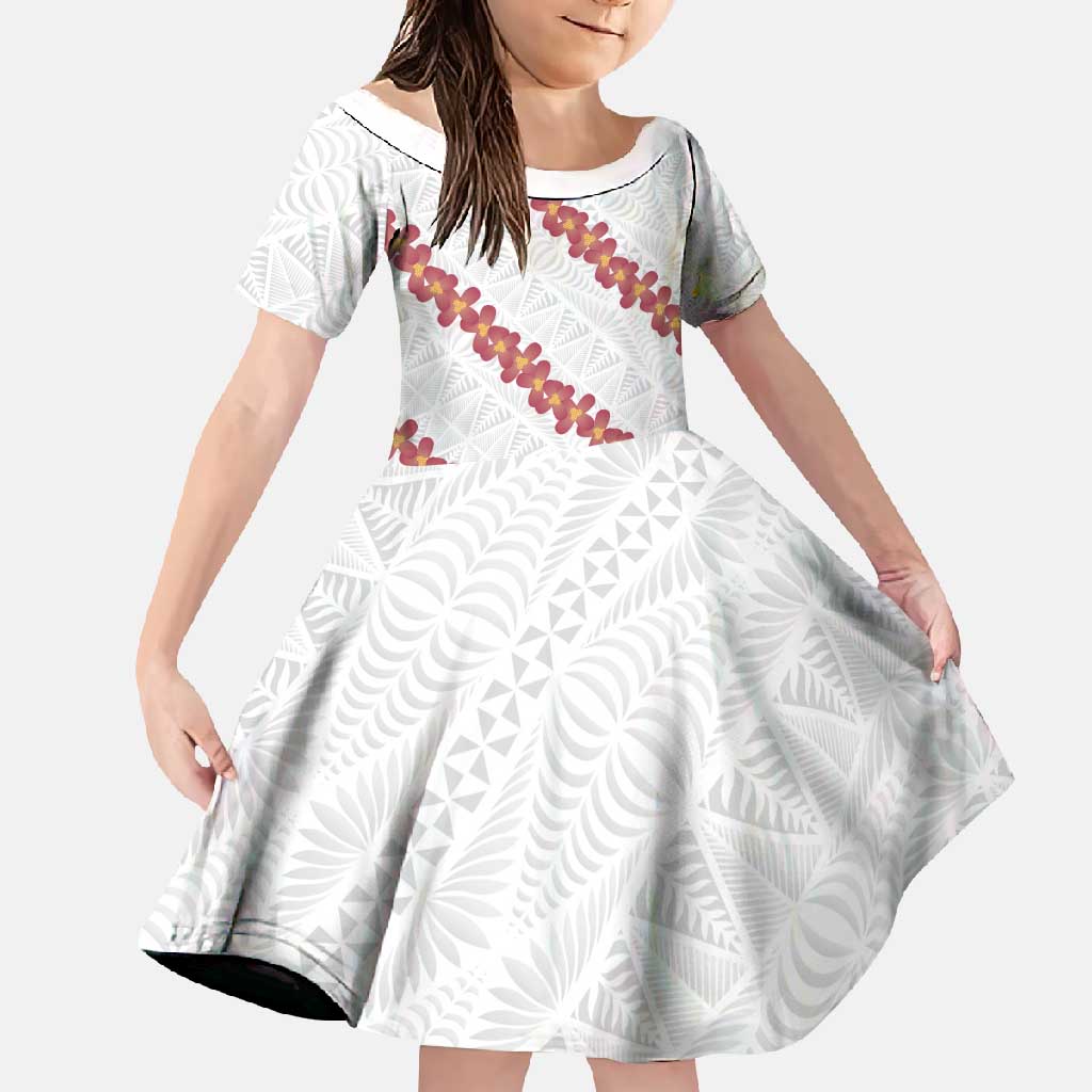 White Sunday Tonga Fakame Family Matching Summer Maxi Dress and Hawaiian Shirt Tongan Ngatu Heilala Lei LT14 Daughter's Dress White - Polynesian Pride