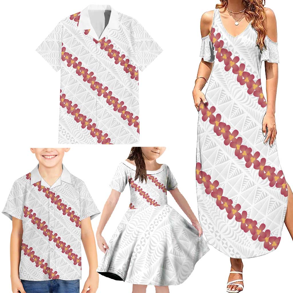 White Sunday Tonga Fakame Family Matching Summer Maxi Dress and Hawaiian Shirt Tongan Ngatu Heilala Lei LT14 - Polynesian Pride
