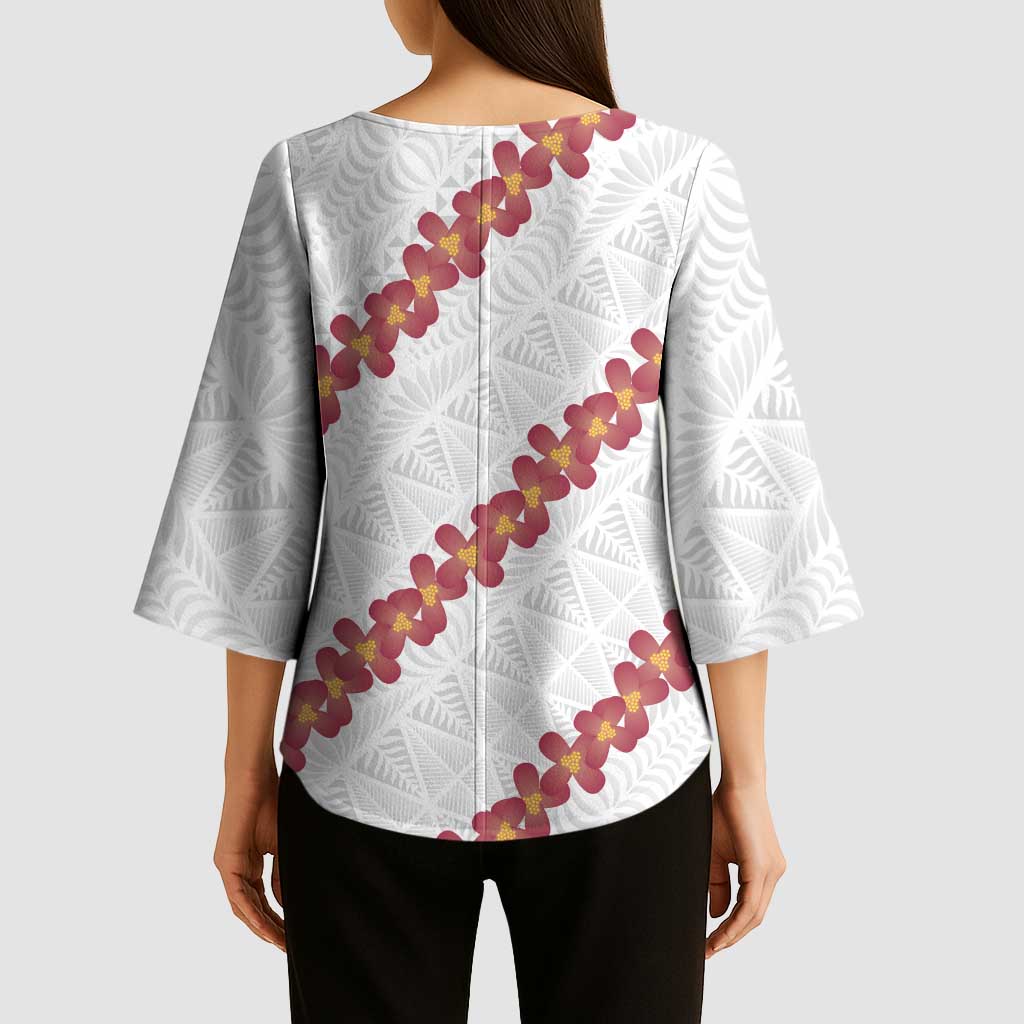 White Sunday Tonga Fakame Kimono Sleeve Blouse Tongan Ngatu Heilala Lei LT14 - Polynesian Pride
