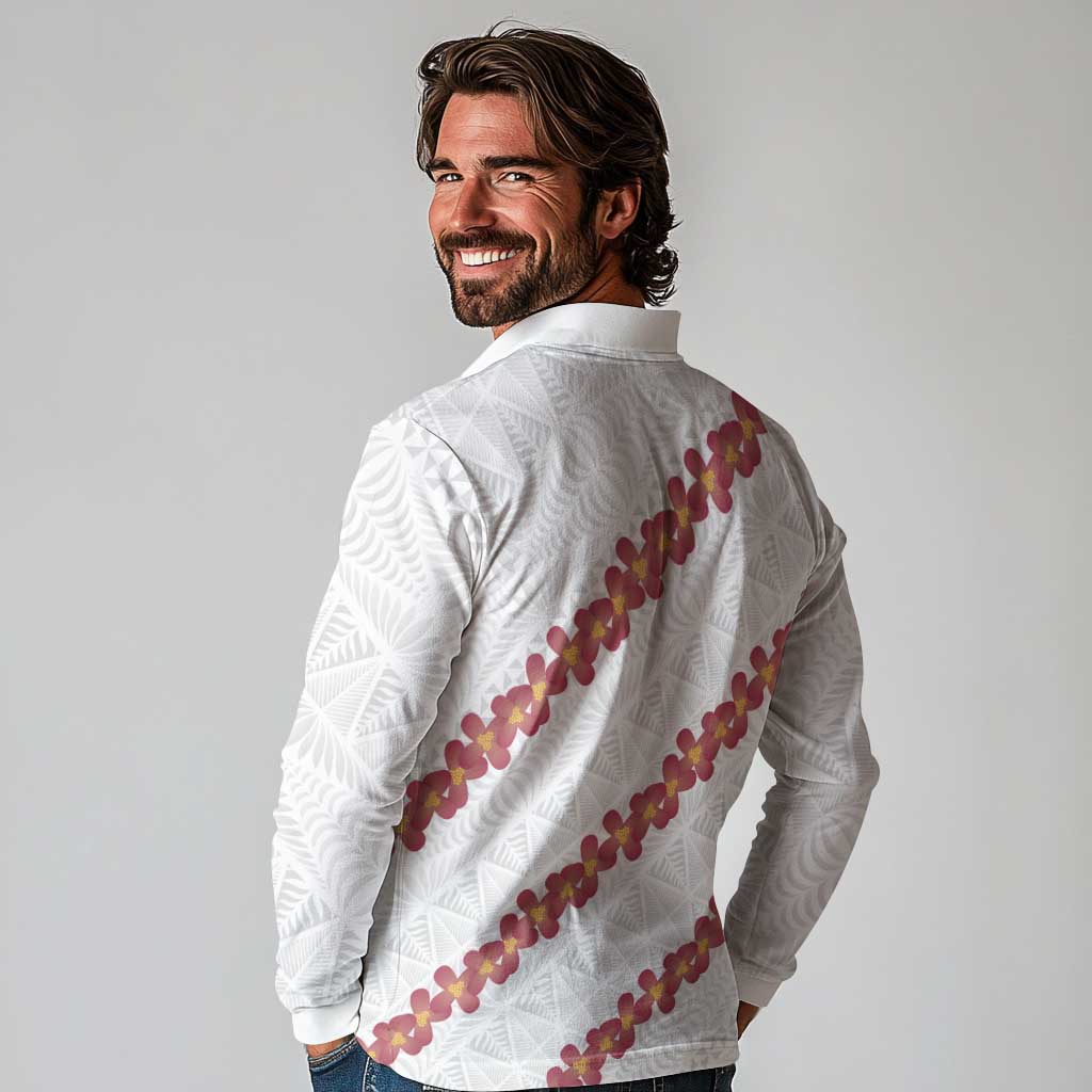 White Sunday Tonga Fakame Long Sleeve Polo Shirt Tongan Ngatu Heilala Lei - Polynesian Pride