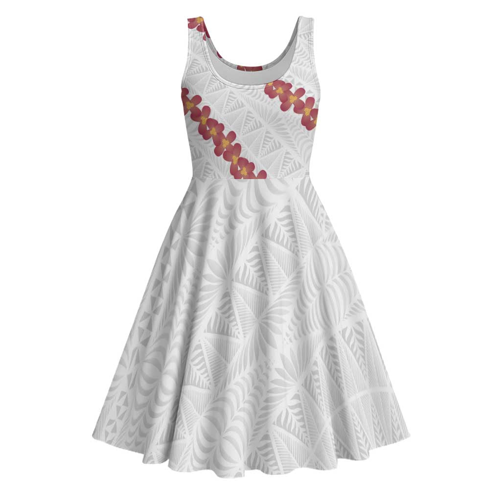White Sunday Tonga Fakame Midi Dress Tongan Ngatu Heilala Lei LT14 White - Polynesian Pride