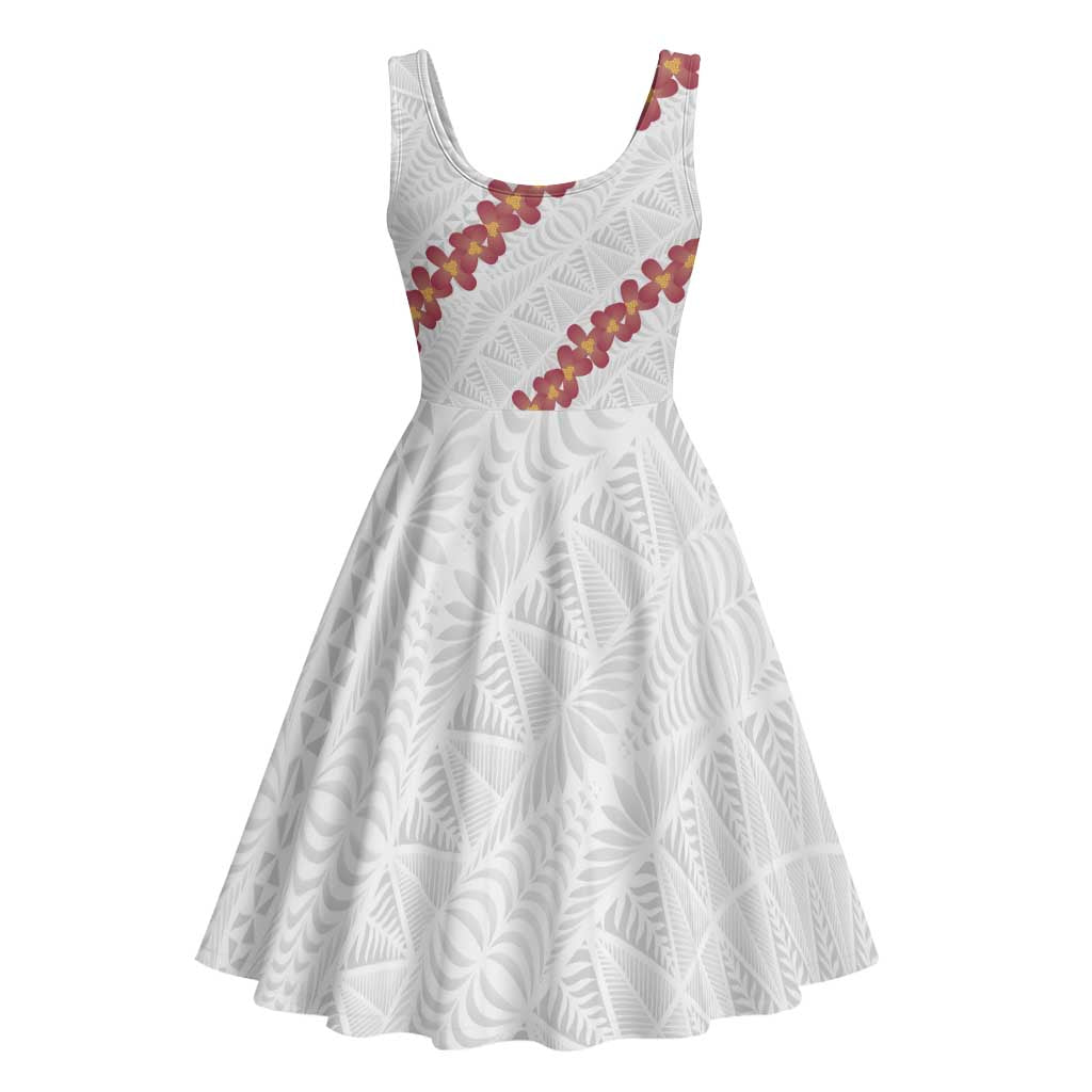 White Sunday Tonga Fakame Midi Dress Tongan Ngatu Heilala Lei LT14 - Polynesian Pride