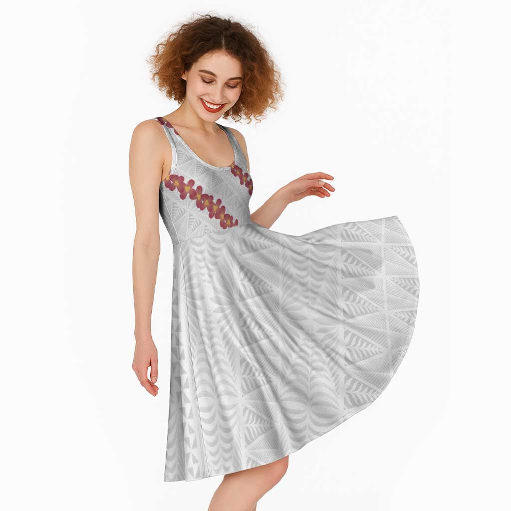 White Sunday Tonga Fakame Midi Dress Tongan Ngatu Heilala Lei LT14 - Polynesian Pride