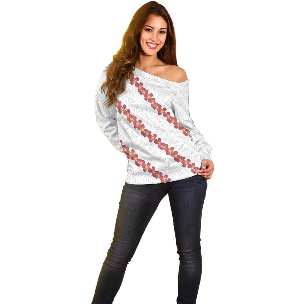 White Sunday Tonga Fakame Off Shoulder Sweater Tongan Ngatu Heilala Lei LT14 - Polynesian Pride